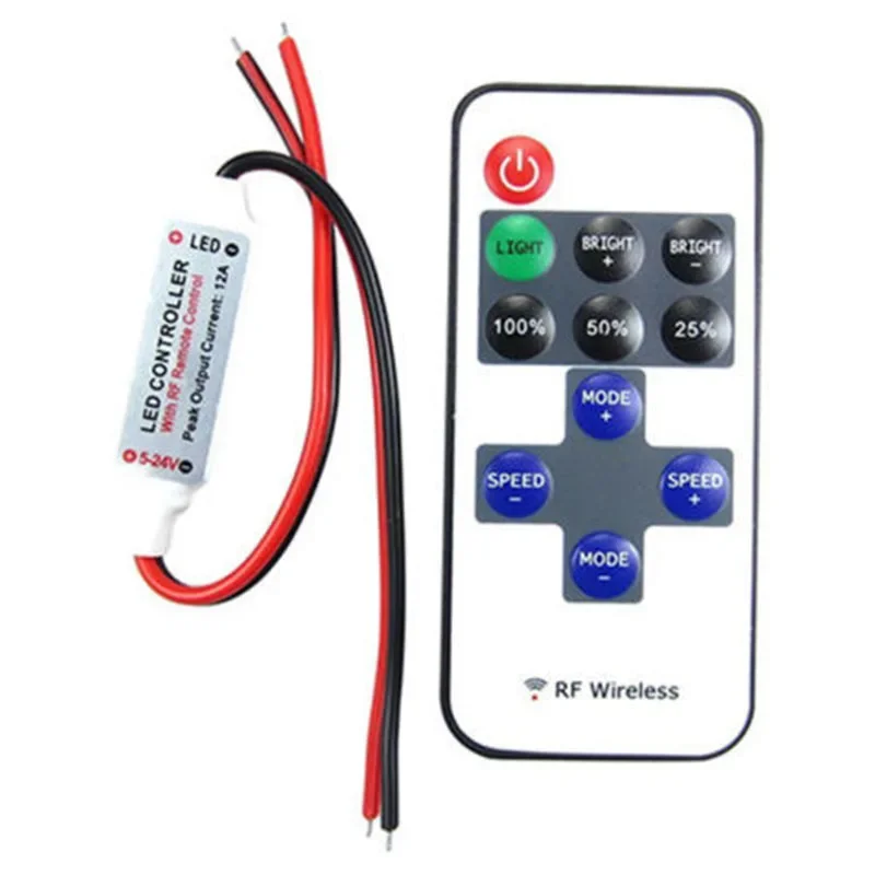 LED Strip Light Remote Switch Controller, Mini 12V RF Wireless, 11 Keys Remote, 8 Modes, 10 Levels Brightness, 10 Levels Speed