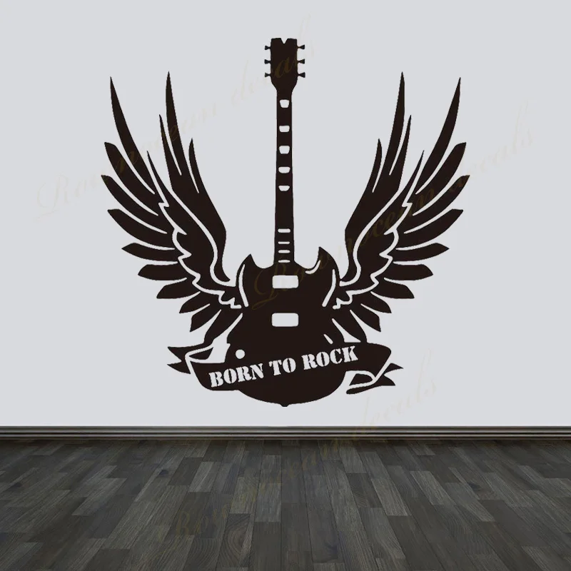 Born To Rock Wings Guitar Wall Sticker Vinyl Art Home Decor Boys Teen Room Bedroom Decoration Music Decals Removable Murals D550