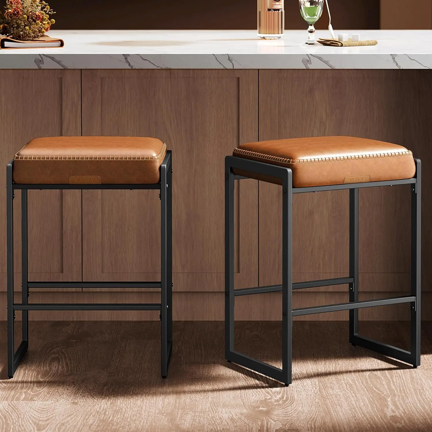 

Modern Counter Stools Set of 2, Synthetic Leather with Stitching, 26-Inch Tall for Kitchen Bar Dining Room
