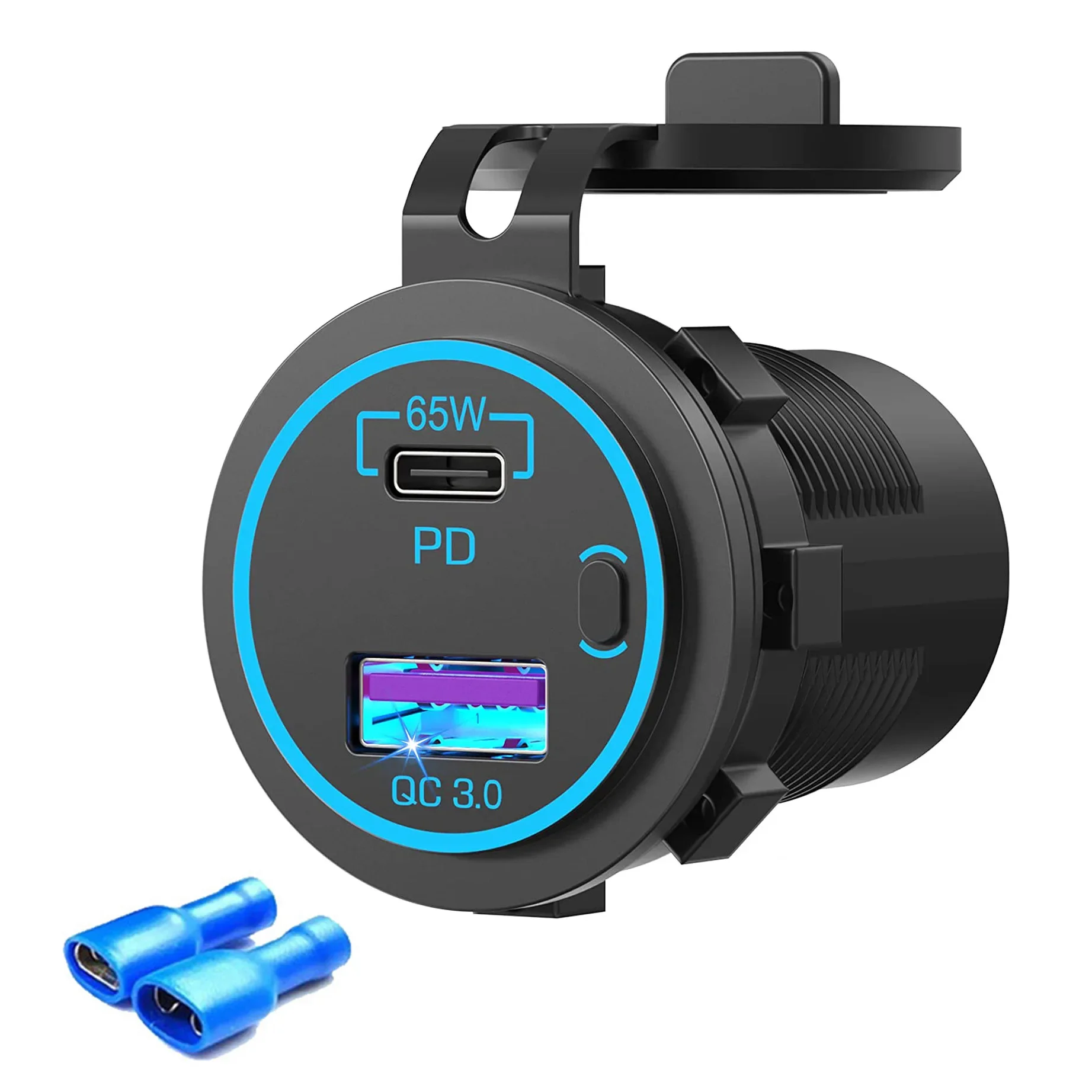 Dual Port USB Car Charger 65W PD&QC 3.0 Car Fast Charger Waterproof Socket with Power Switch For RV Car