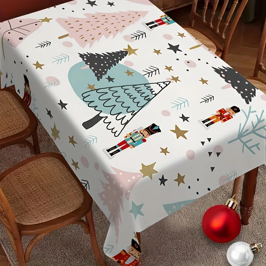 A fun cartoon Christmas-themed tablecloth with Christmas tree and Nutcracker stars, perfect for a family kitchen