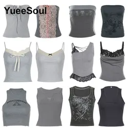 Gray Y2K Top Sleeveless Slim Crop Top 2025 New Sweet Cute Casual High Street Hip Hop Sexy Basics 2000s Women Woman Clothing