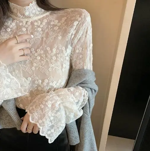 قميص نسائي شبكي بأكمام طويلة على الطراز الغربي للخريف والشتاء من الدانتيل بتصميم صغير رائع #2