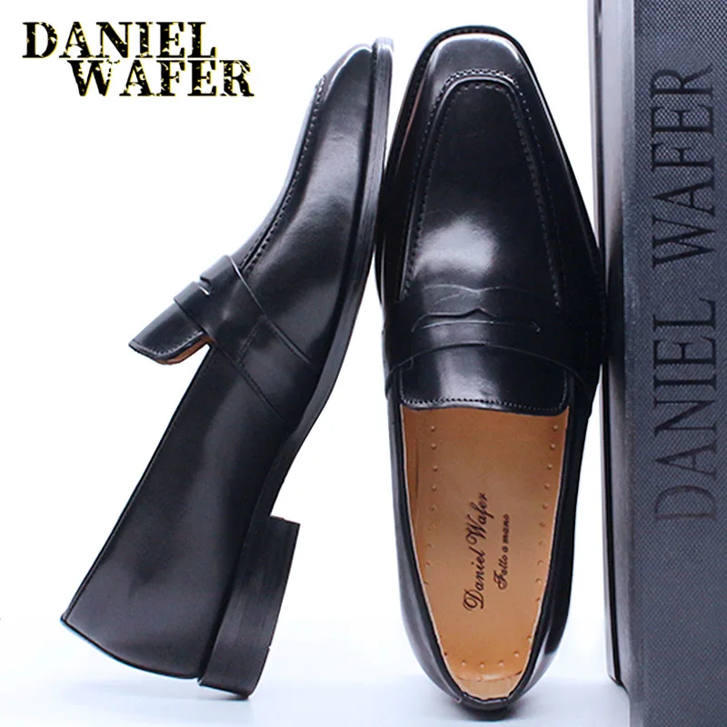 Luxury Men Penny Loafers Genuine Leather Slip On Red Black Casual Business Dress Shoes Mens Wedding Party Office Fashion Shoes - view 2