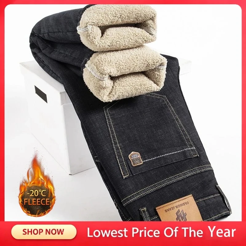 7 Types Jean Men Winter Lamb Fluff Denim Straight Pants Thicken Jeans High Waist Stretch Jeansy Fleece Lined Warm Baggy Vaqueros