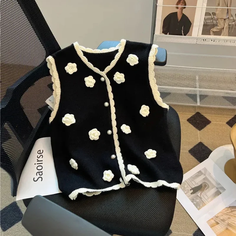 

Свитер с цветочным принтом, жилет, женский милый вязаный кардиган без рукавов с маленькими пуговицами, французские модные лоскутные свободные топы, новинка 2023 года