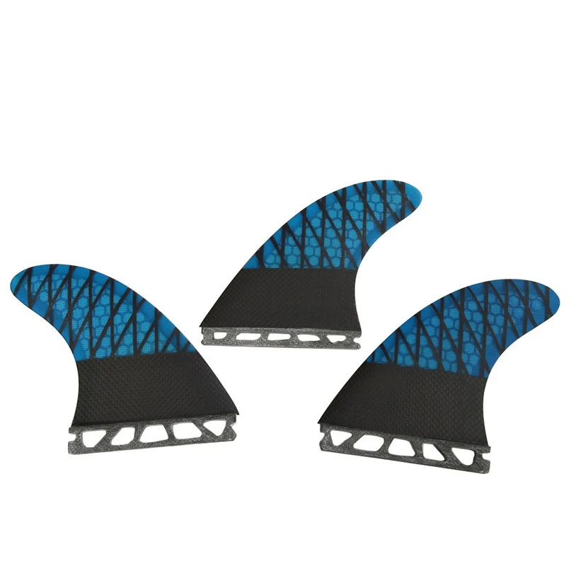 Carbon Fiber Honeycomb UPSURF FUTURE, Medium and Large Surfing Fins, 3 Fins, Single Tabs, Short Board Fins, Black with Blue Fin