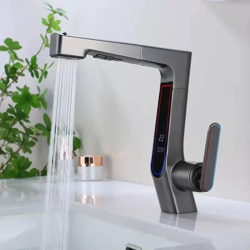 

Интеллектуальный цифровой дисплей, светодиодный большой экран, контроль температуры, выдвижной смеситель, горячий и холодный смеситель для умывальника в ванной комнате