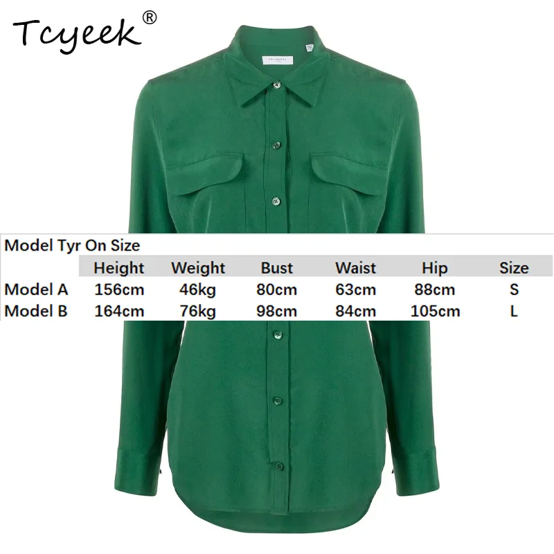 Tcyeek 18Mm 100% Echte Sandwash Seide Shirts Frauen Crepe Langarm Doppel Taschen Bluse Frau Neue Büro Tragen Tops t36701QM