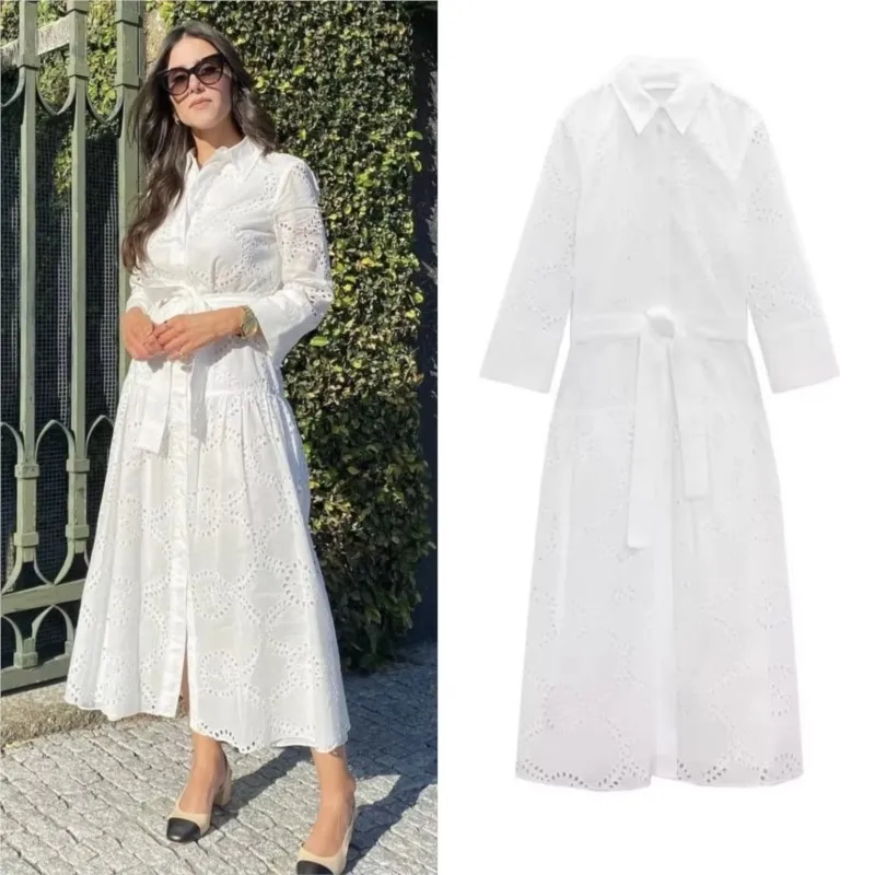 أنيقة شيك فساتين طويلة النساء 2025 جديد الصيف الأبيض واحدة الصدر قطع التدريجي المطرزة حزام فستان عطلة الشاطئ فساتين متوسطة الطول