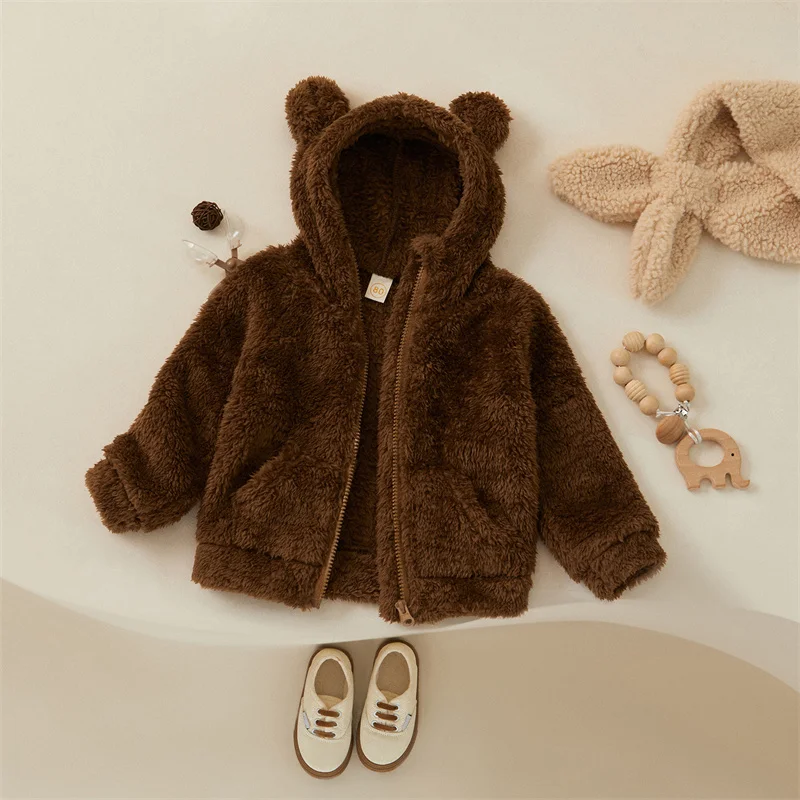 Tregren Toddler Boys Girls Winter Plush Coat Kids Long Sleeve Zipper Closure Cartoon Hooded Jackets Fall Children Clothes