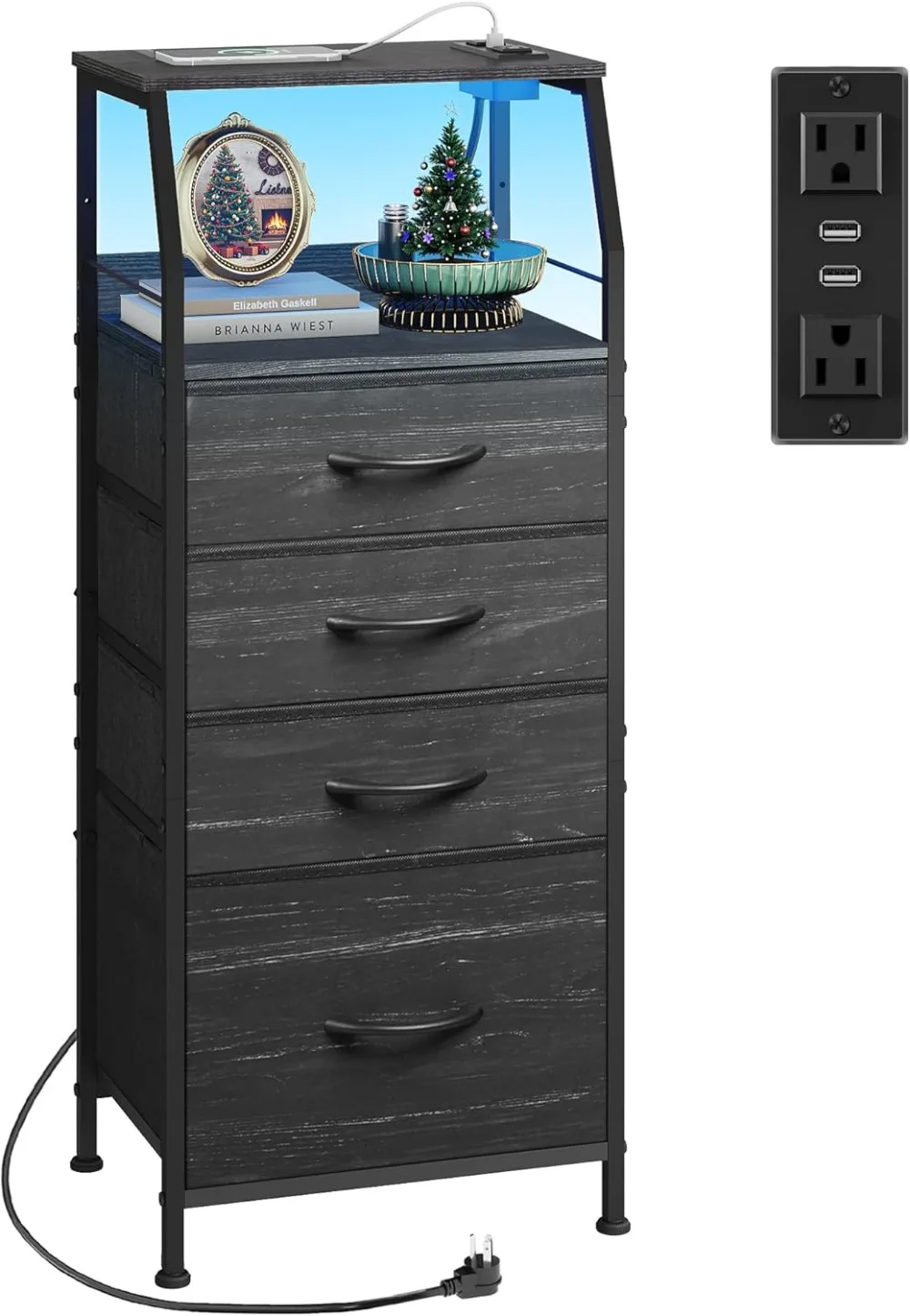 

Black LED Nightstand with Charging Station, 4 Drawers and Open Shelf, 37" Tall Bedside Table for Bedroom