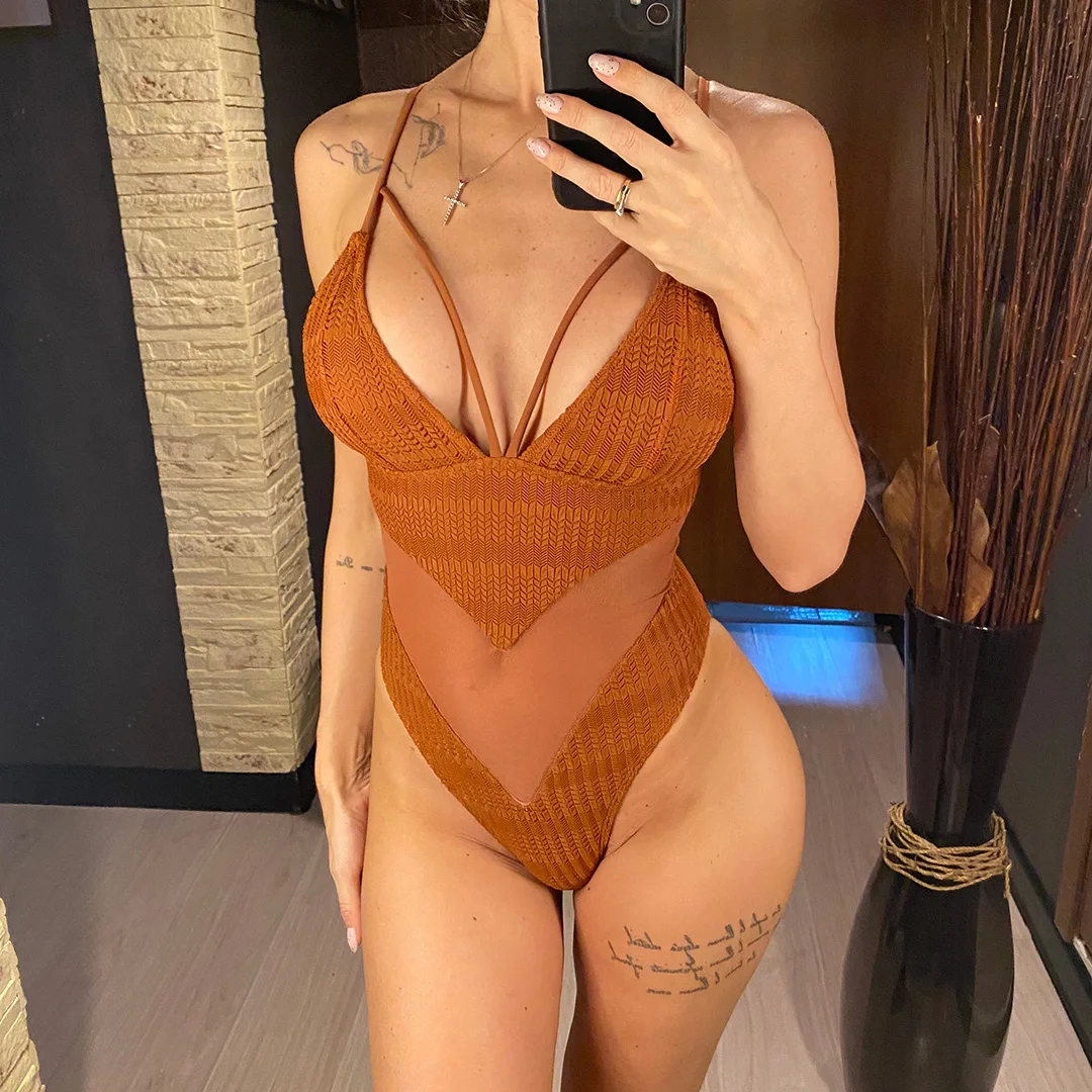 S - XXL, 5 Farben, V-Ausschnitt, transparentes Netzmaterial, Damen-Badeanzug, einteiliger Badeanzug, Damen-Badebekleidung mit hohem Beinausschnitt, Monokini, Badeanzug, Badebekleidung, Modell V6168. – Detail 19
