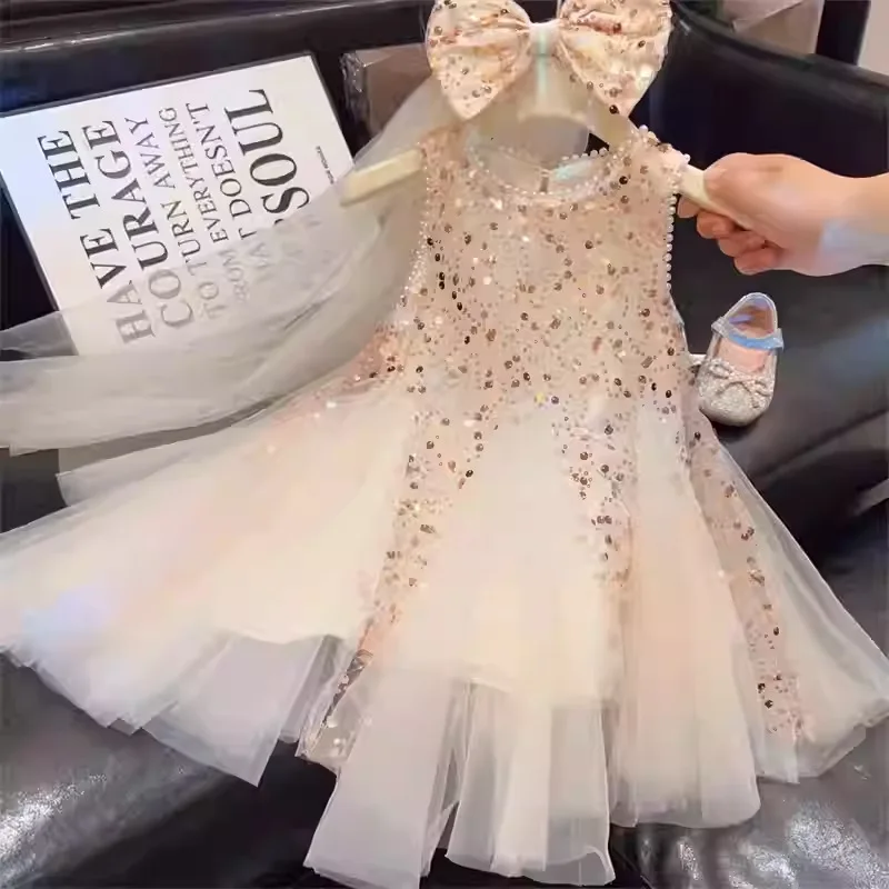 2026Summer New Girls' Sequin Sleeveless Dress, Trendy Sequin Mesh Puffy Princess Dress for Girls