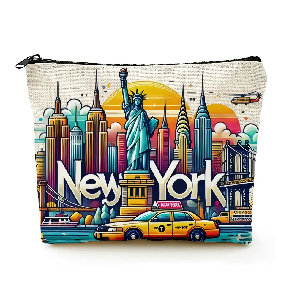 New York City Design Makeup Bag with Iconic Landmarks Compact Travel Cosmetic Pouch for Women Gift for Christmas Storage Bag