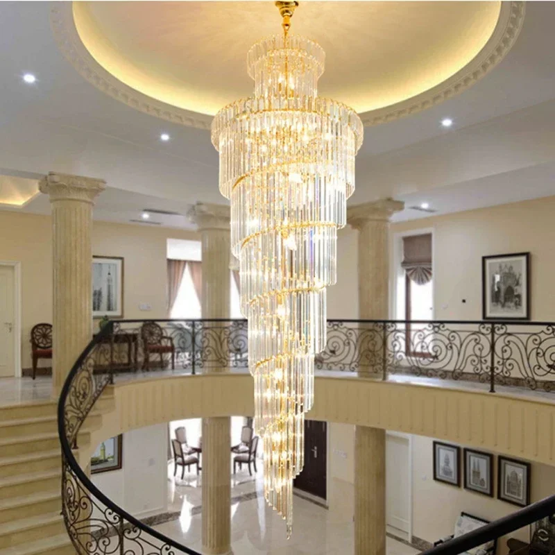 Modern Luxury Indoor Gold Large Round Stairwell Stair Lighting Crystal Chandeliers Pendant Lights for Hotel Lobby Staircase