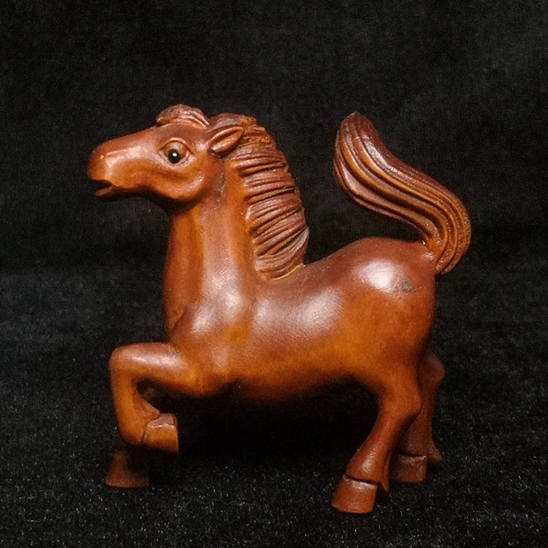 1919 Antique art Size 2.2 Inch Chinese Boxwood Wood Hand carved Horse Figurine Statue Netsuke Desk Decoration Gift Collection