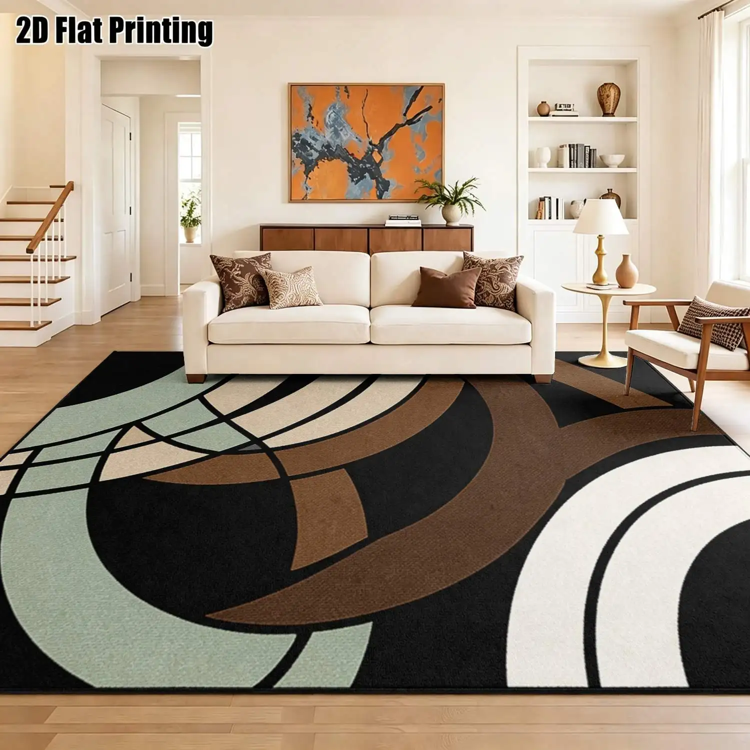 1Pc 2D Printed Carpet: Black Base, Brown-White-Green Geometric Curve Pattern Nordic/Instagram Style, Modern Minimalist, Machine Washable, Multi-Size, Suitable for Home Decor, Entryway/Dining Room/Bedroom/Living Room Use.