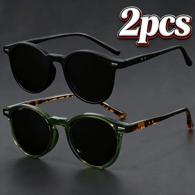 2Pcs New Retro Round Sunglasses, Unisex Korean Ins‑Style Shades, Face‑Flattering for All Face Shapes, No‑Makeup Friendly
