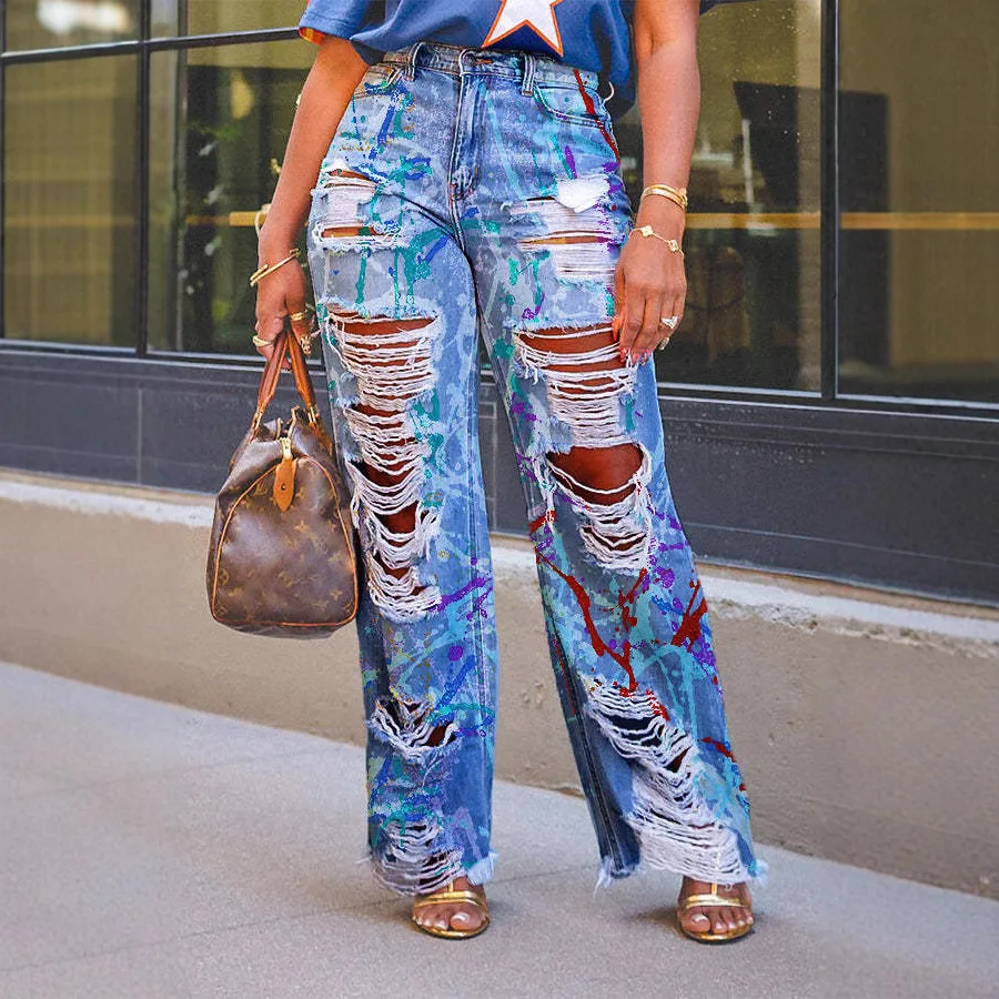

Retro Sexy Hollow out Denim Pants Women High Waist Straight Leg Jeans Blue Polyester Fabric Folded Summer Fashion