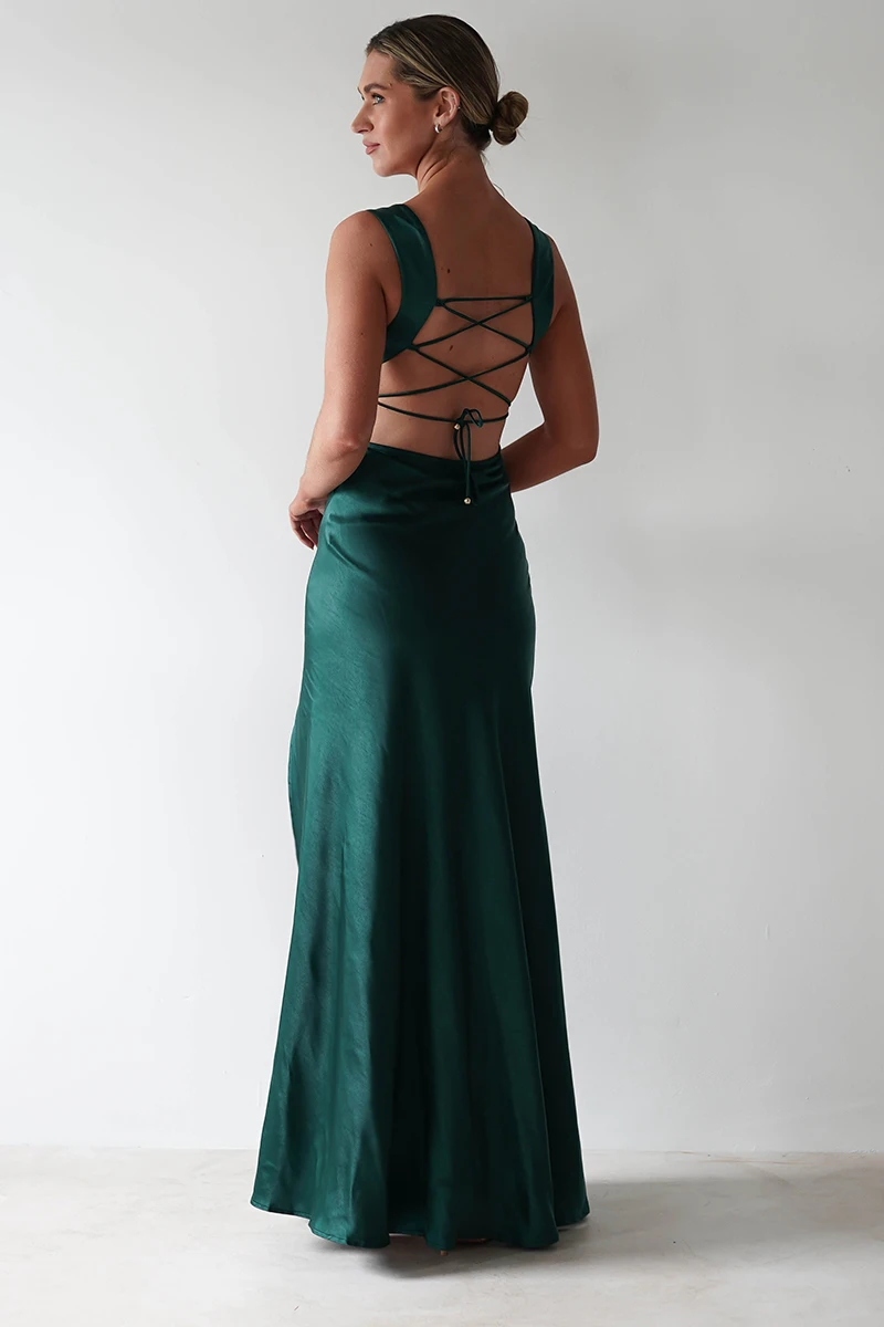 LoveDoris Evening Dress Hunt Green A-Line Bridesmaid Dress Split Backless Sexy Prom Dress Long Satin Party Dress