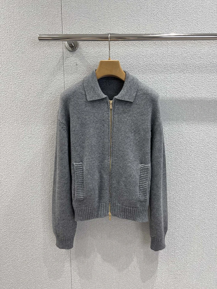 

SVORYXIU Spring Autumn Fashion Dark Grey Casual Cardigan Women's Turn-down Collar Long Sleeve Loose Pockets Knitting Sweaters