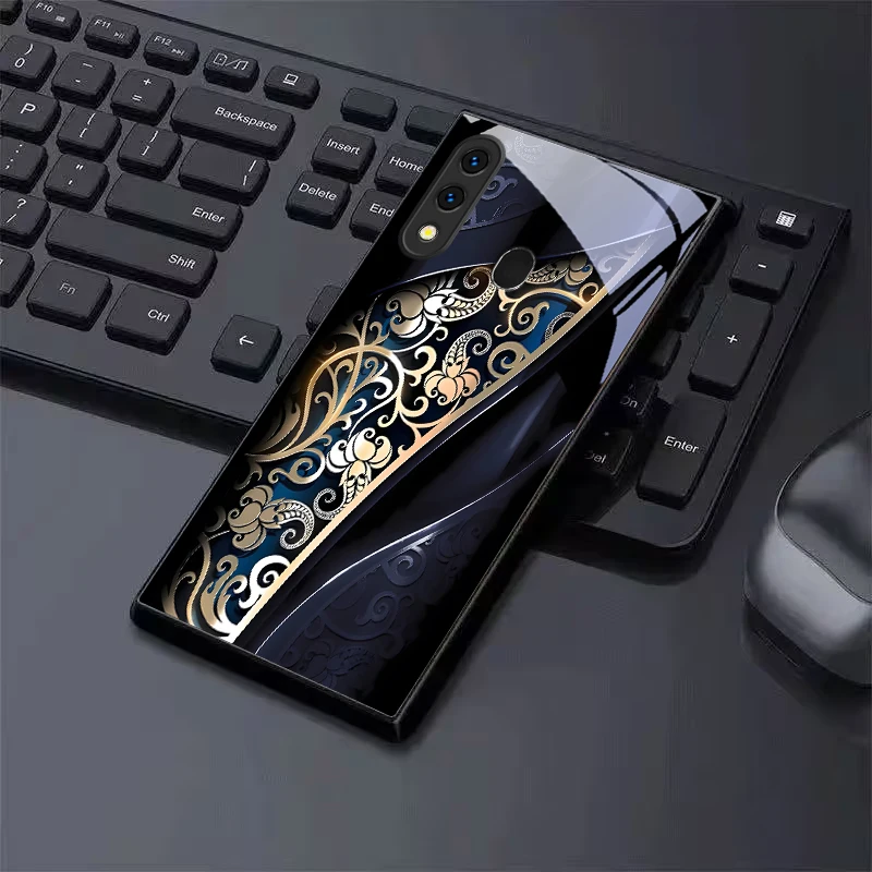 Royal Golden Swirl Ornate Black Glass Phone Case For Samsung A70 A71 A72 A73 A8s A51 A56 A55 A54 A35 A34 A32 A25 A26 A20s Cover