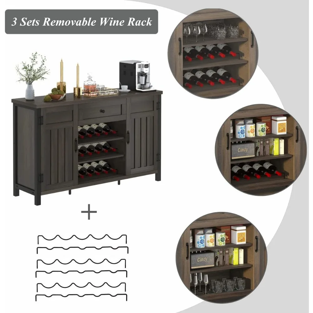 FATORRI Industrial Coffee Bar Cabinet with Wine Rack, Wood Buffet and Sideboard with Storage Cabinet, Rustic Credenza Cupboard