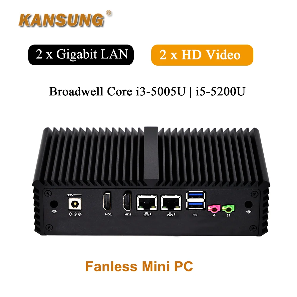 KANSUNG Ultra Low Power Ubuntu Dual Core i3 5005U i5 5200U Barebone Thin Client Windows Fanless Mini คอมพิวเตอร์เซิร์ฟเวอร์เดสก์ท็อป