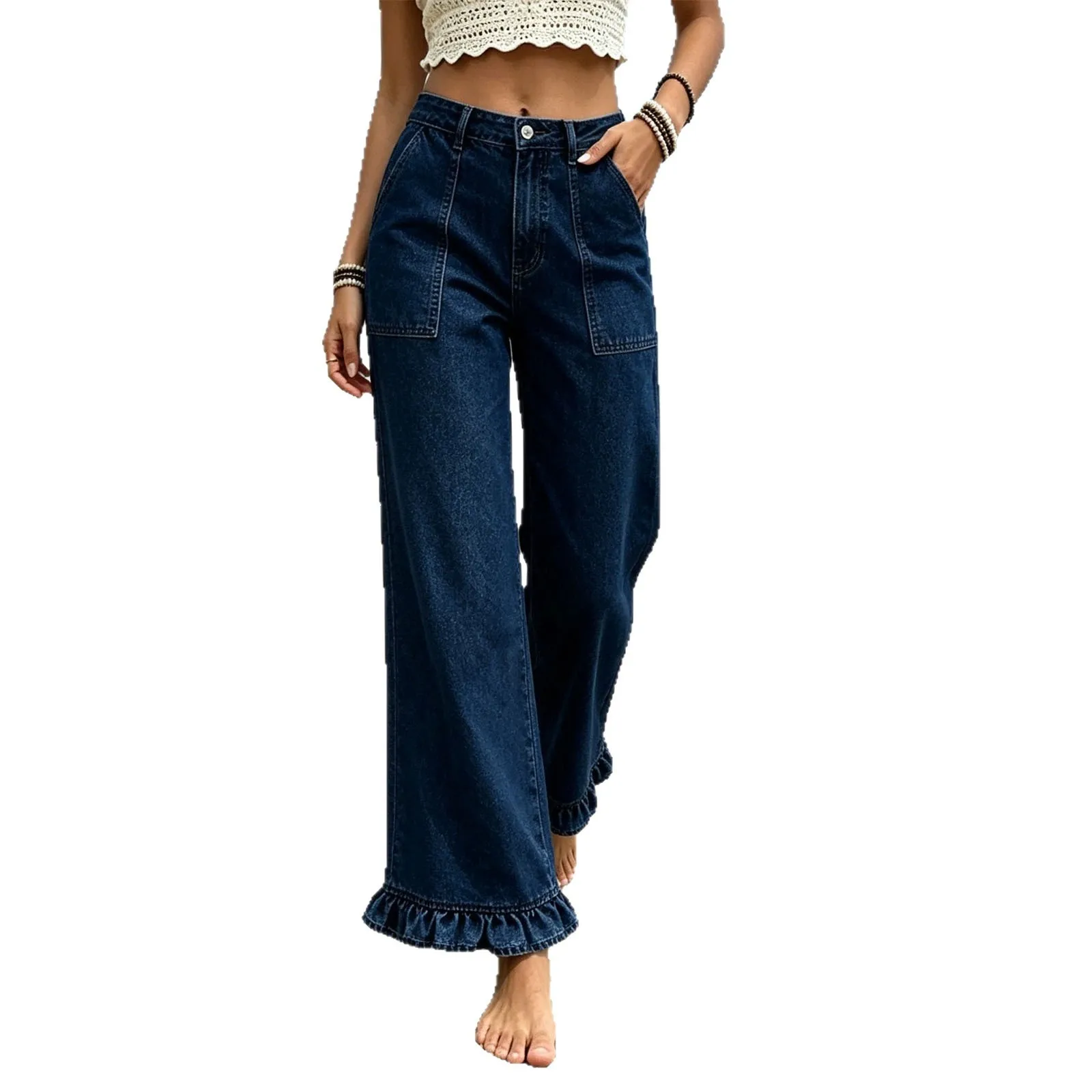 Women's Baggy High Waist Loose Straight Wide Leg Washed Cotton Vintage Long Ruffle Trim Denim Jeans for Women with Front Pocket