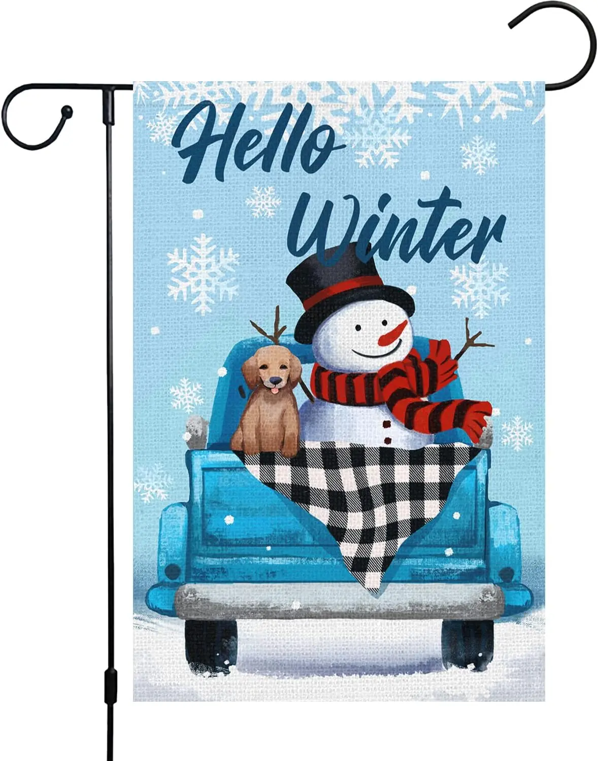 Louise Maelys Hello Winter Garden Flag 12x18 Double Sided, Burlap Small Vertical Buffalo Check Plaid Truck with Snowman Dog  EEZ