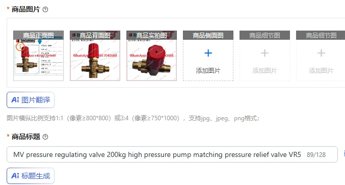 MV pressure regulating valve 200kg high pressure pump matching pressure relief valve VR54