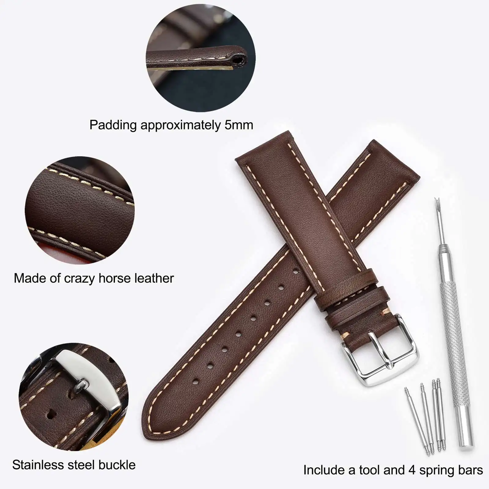 WOCCI Genuine Leather Watch Strap 14mm 15mm 16mm 17mm 18mm 19mm 20mm 21mm 22mm 23mm 24mm Replacement Bands for Men Women