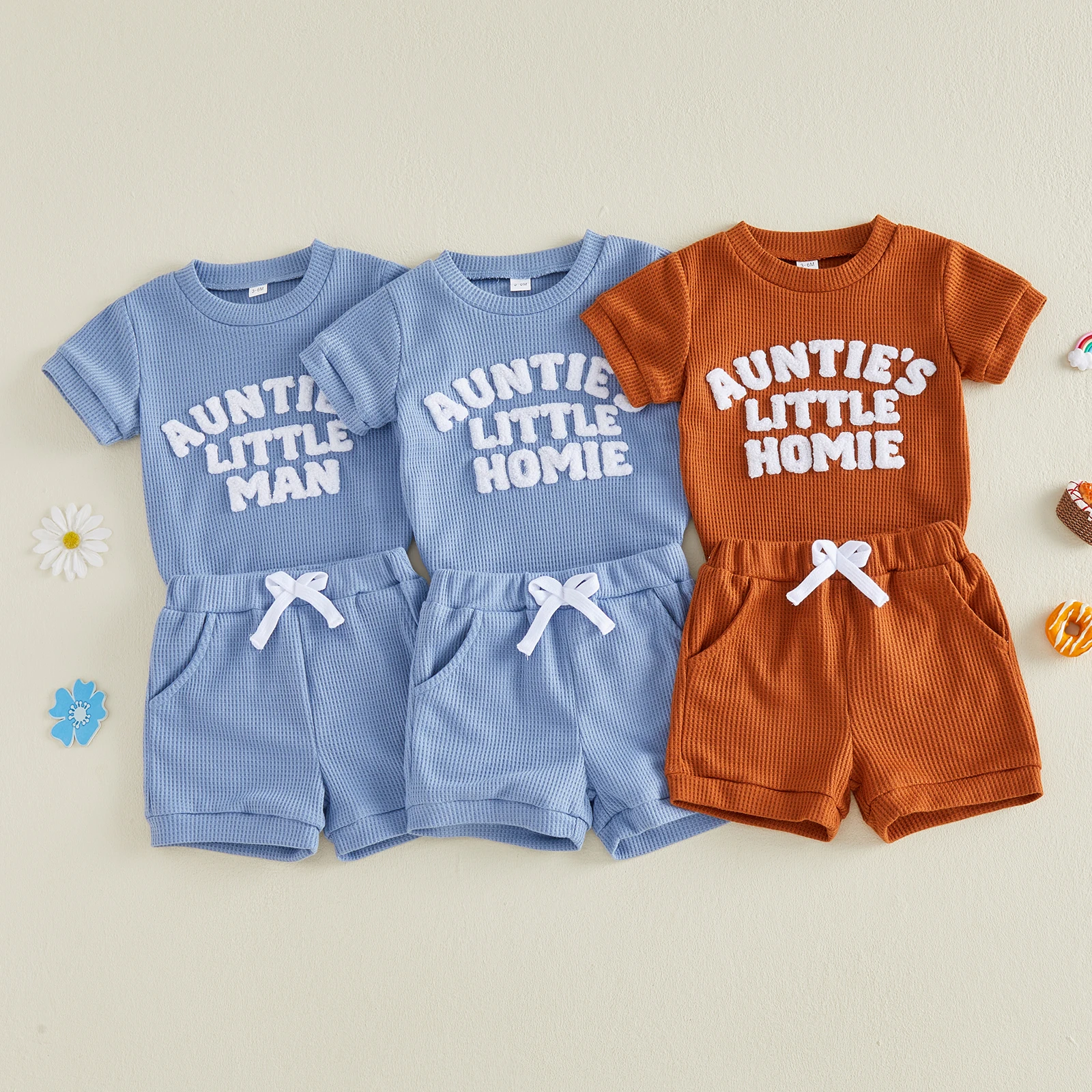 0-18M Baby Girl Summer Waffle Outfits Baby Boys Casual Short Sleeve Letter Embroidery Romper with Shorts 2Pcs Outfits