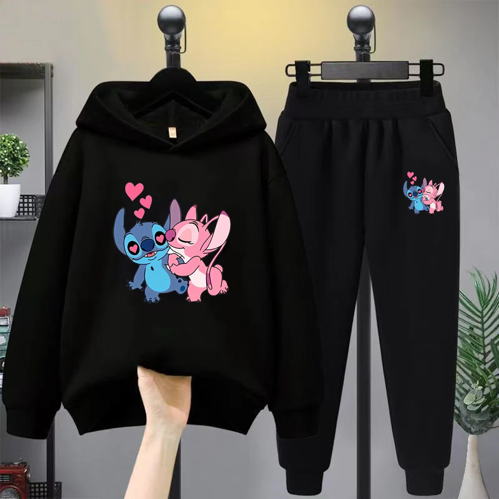 

Stitch Children's hoodie clothing leisure outerwear black sweatshirt +pants set Suitable 3-12 years Boys girls gift spring