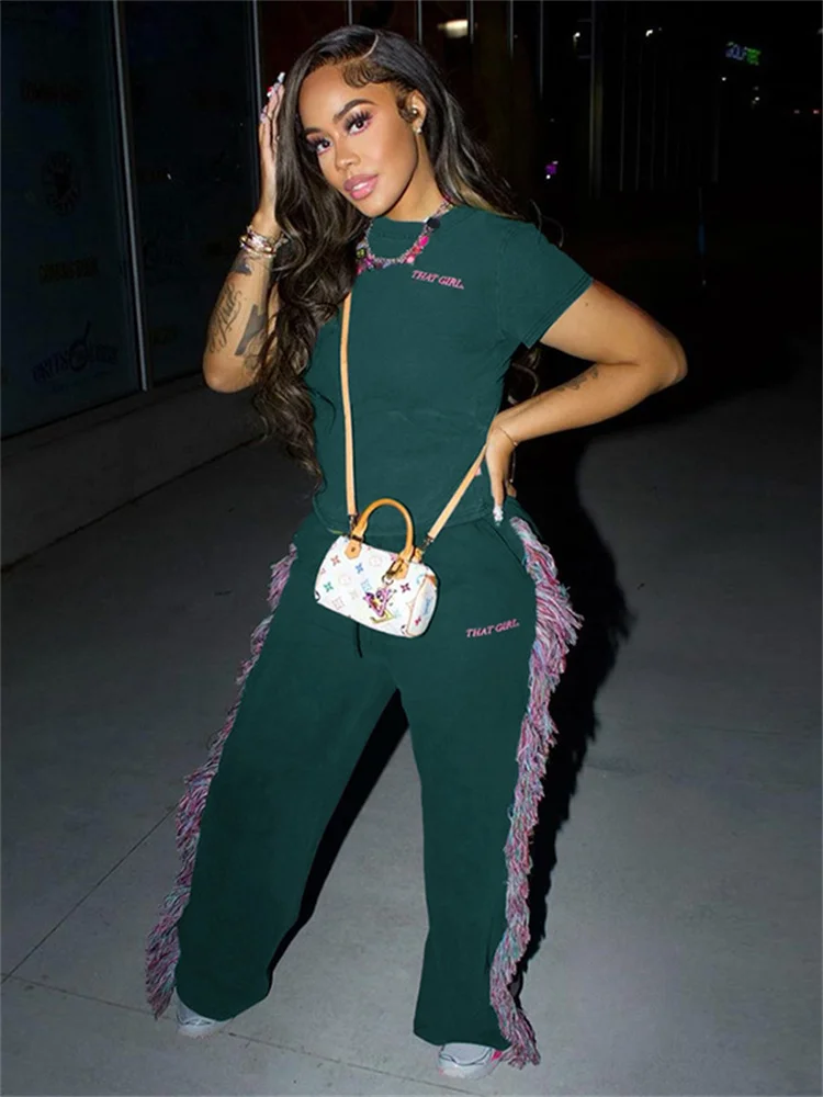 

Whatiwear Casual Simple 2 Piece Set Women Letter Embroidery Crop Tops+Colorful Tassel Pants Matching Street Classic Tracksuits