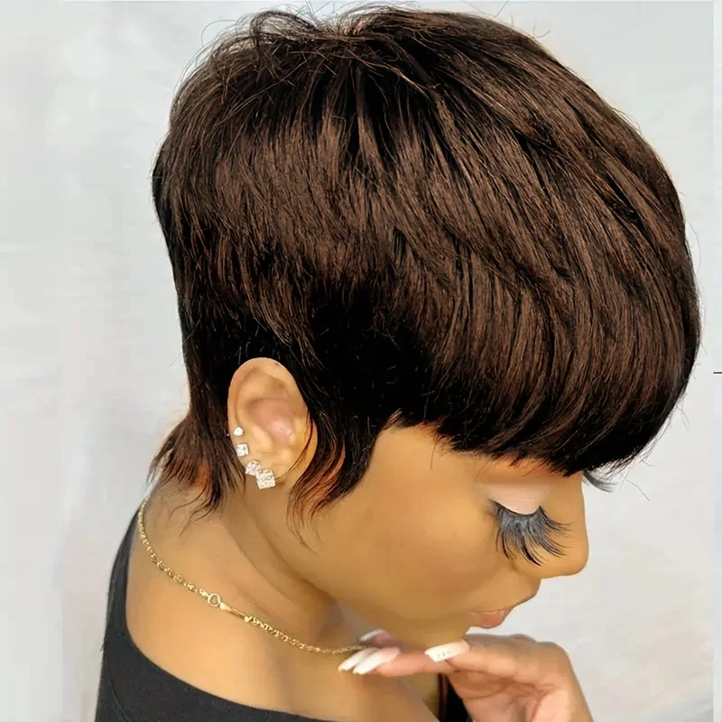 ショート人毛ウィッグ ピクシーカット ストレート 女性用 フルマシンメイドウィッグ 前髪付き