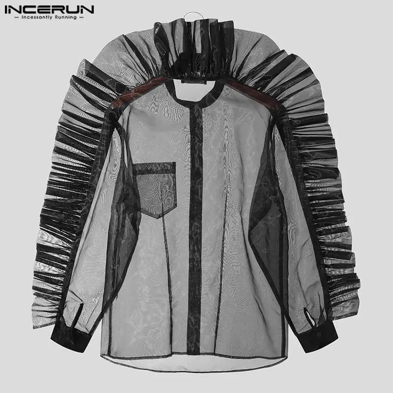 Casual Stylish Style Tops INCERUN Men\'s Fashion Sexy Pleated Mesh Shirts Handsome Male Patchwork Long Sleeved Blouse S-5XL 2023