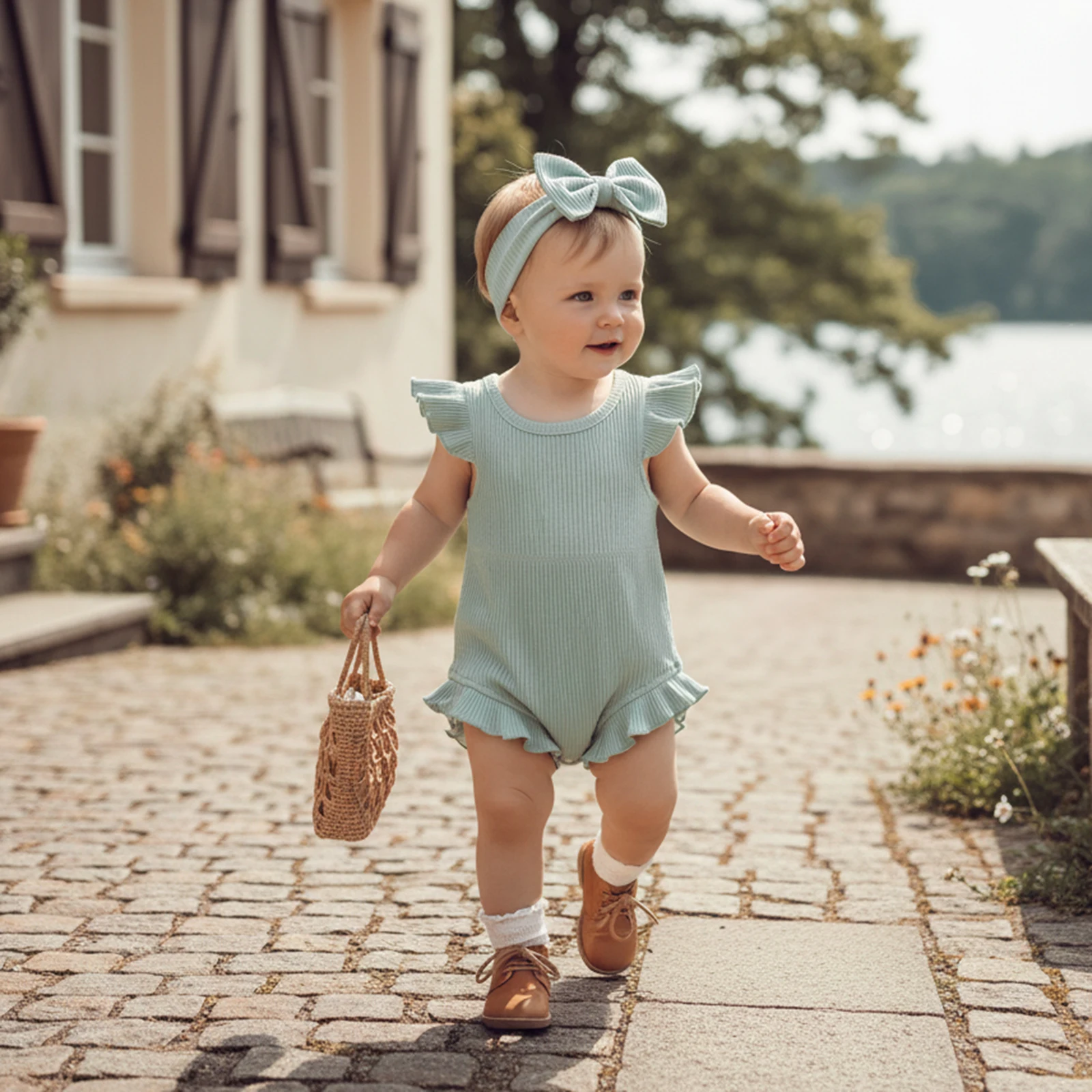 

Милые летние повседневные комбинезоны для новорожденных девочек, однотонные комбинезоны в рубчик с короткими рукавами и круглым вырезом, повязка на голову, наряды