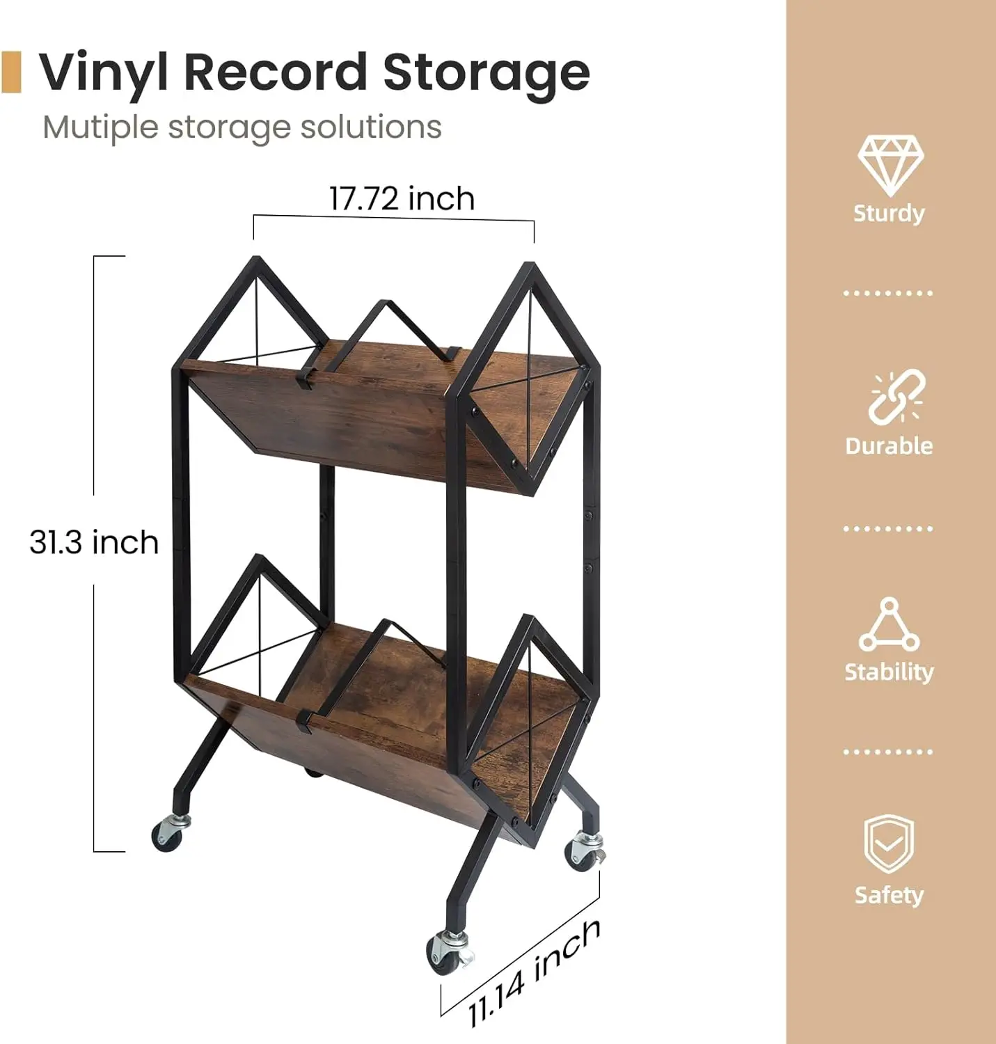 2-Tier Rolling Vinyl Record Storage Rack with Wheels, Holds 160-200 LPs, Retro Style Easy Assembly