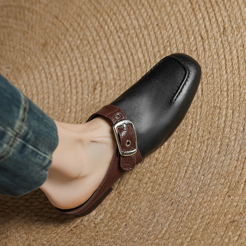 

Новинка 2023 года, летние женские туфли-лодочки из натуральной кожи, женские туфли на низком каблуке с круглым носком, сандалии с открытой пяткой, тапочки