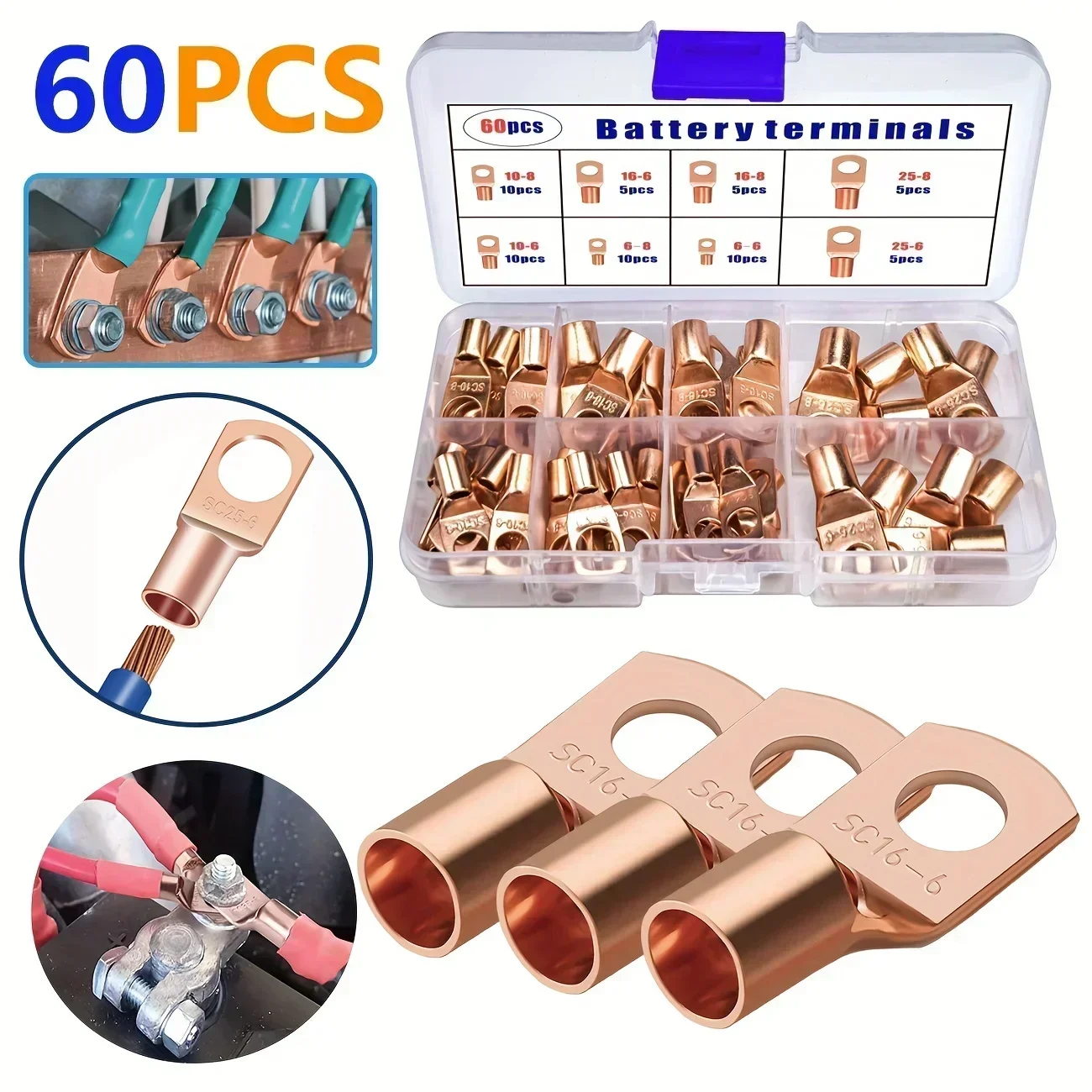 60pcs Wire Lug Connector Ring SC6-25 Copper Connectors Bare Cable Electric Crimp Terminal Connector Kit New