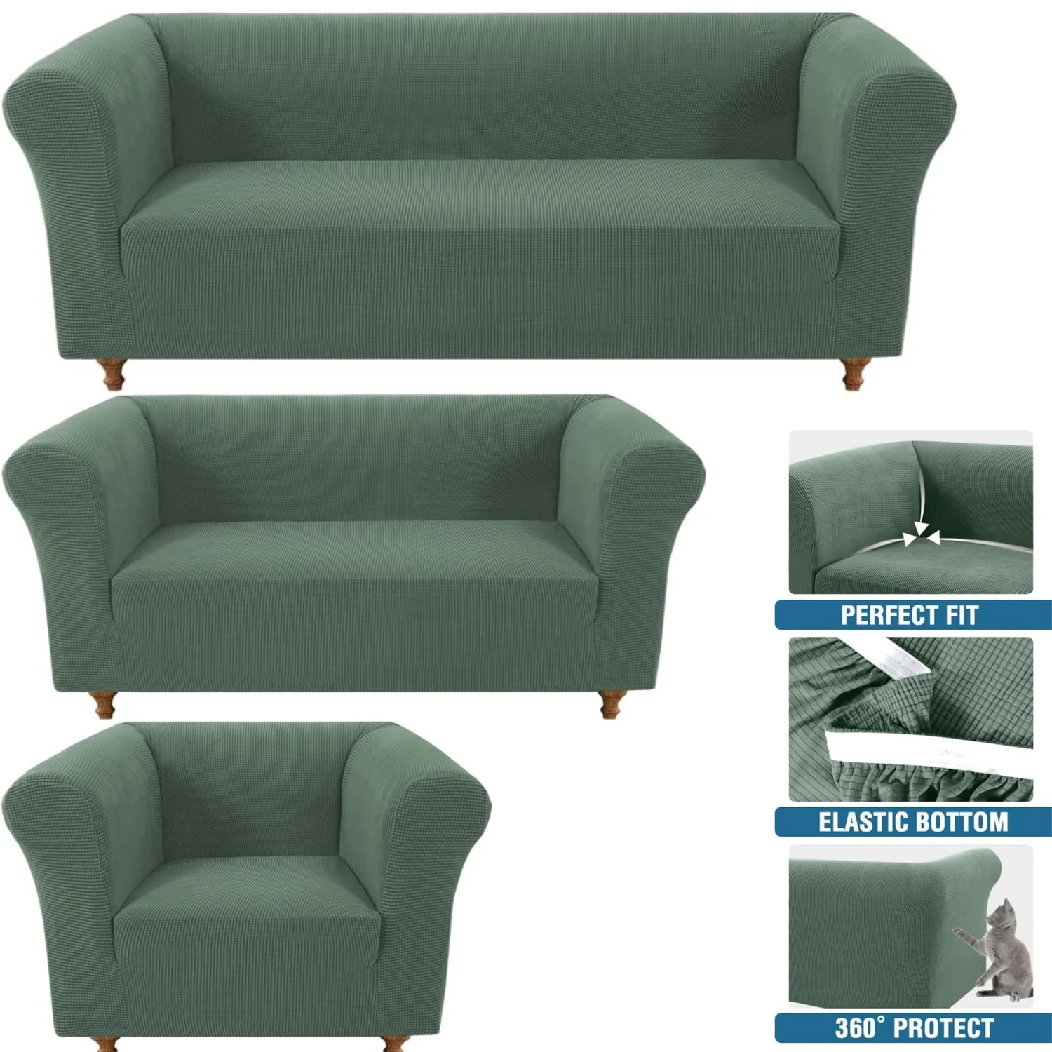 Stretch Chesterfield Sofa Cover - Jacquard Fabric Slipcover for Armchair Couch, Non-Slip Pet-Resistant Furniture Protector