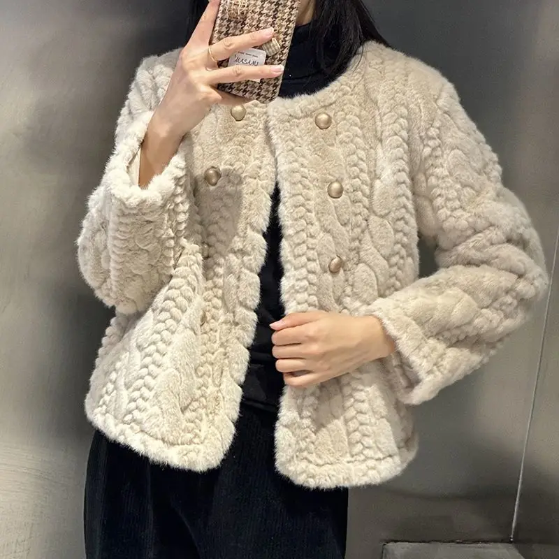 Pakaian musim dingin wanita bergaya mewah Chic outerwear Double Breasted imitasi bulu mantel Vintage elegan tebal hangat jaket