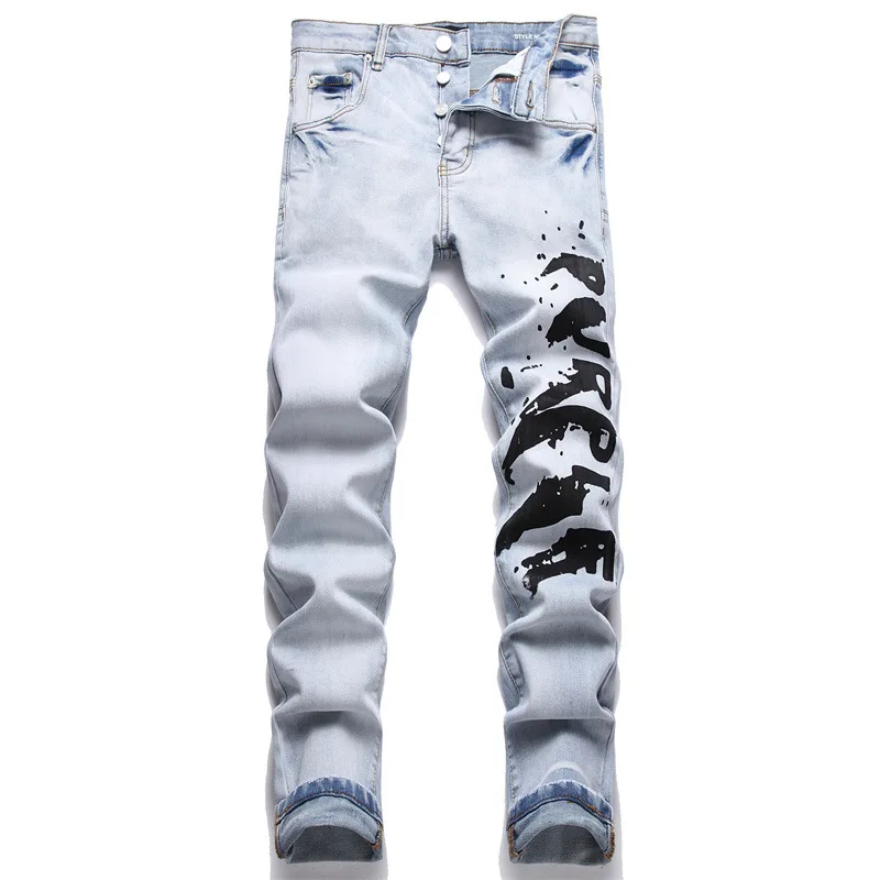 

New Fashion Trend Blue Printed Jeans Mid-Waist Stretch Casual Slim Men's Denim Casual Pants