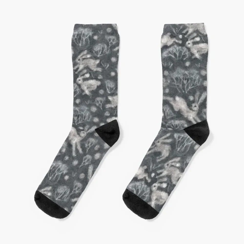 

Hares Field, Winter Snow Field Bunnies Rabbits Pattern Grey Socks cycling fashionable custom golf Men's Socks Luxury Women's