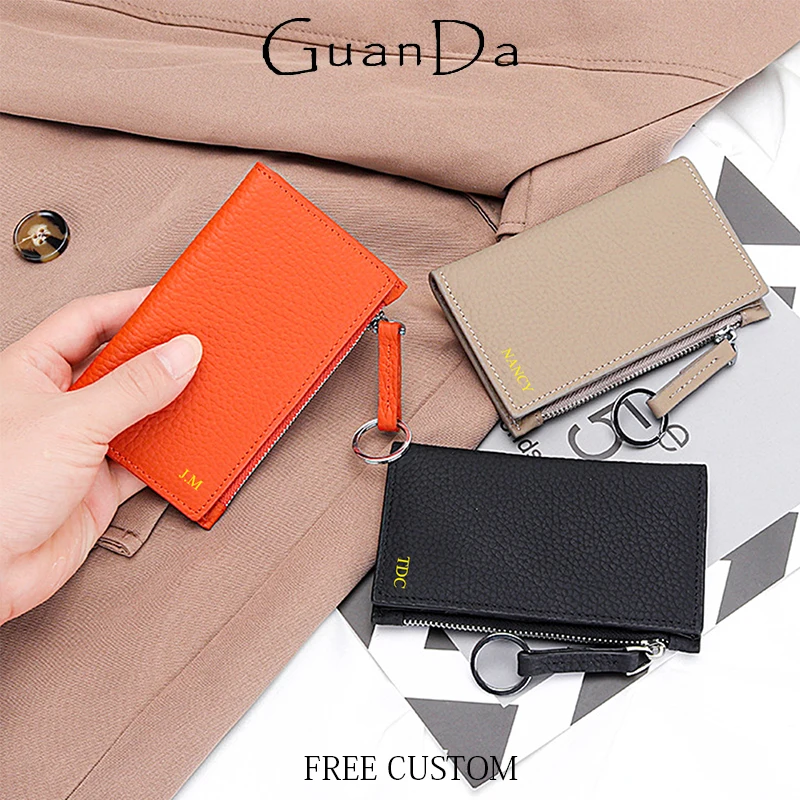Woman Cow Leather Zipper Card Holder Custom Letters Fashion Folding Card Wallet Engrave Name Luxury Lady  Coin Purse Card Bags