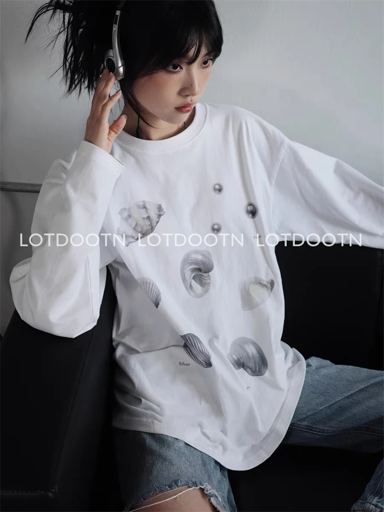 LOTDOOTN Seashell Graphic T-Shirts Women Summer Quality Pure Cotton Loose Vintage T Shirt Pearl Print Cute Graphic Tshirts Retro