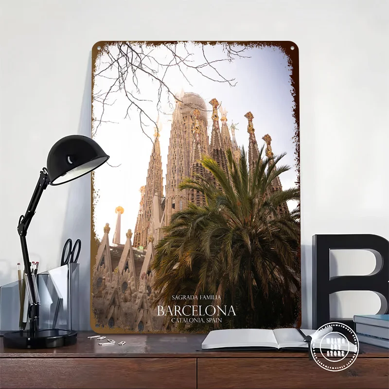 Sagrada Familia Barcelona Spain Tinplate Poster Custom Wall Art Vintage Metal Signs Retro Tin Plaque for Decoration Bedroom Room