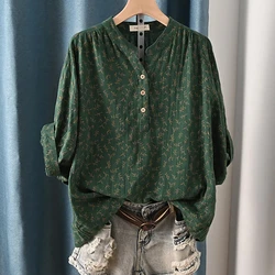 100% Cotton Yarn Casual Shirt Women Bat Sleeve Stand Collar Printed Top Girl Ladies Tops OL Loose Blouses Summer Clothes